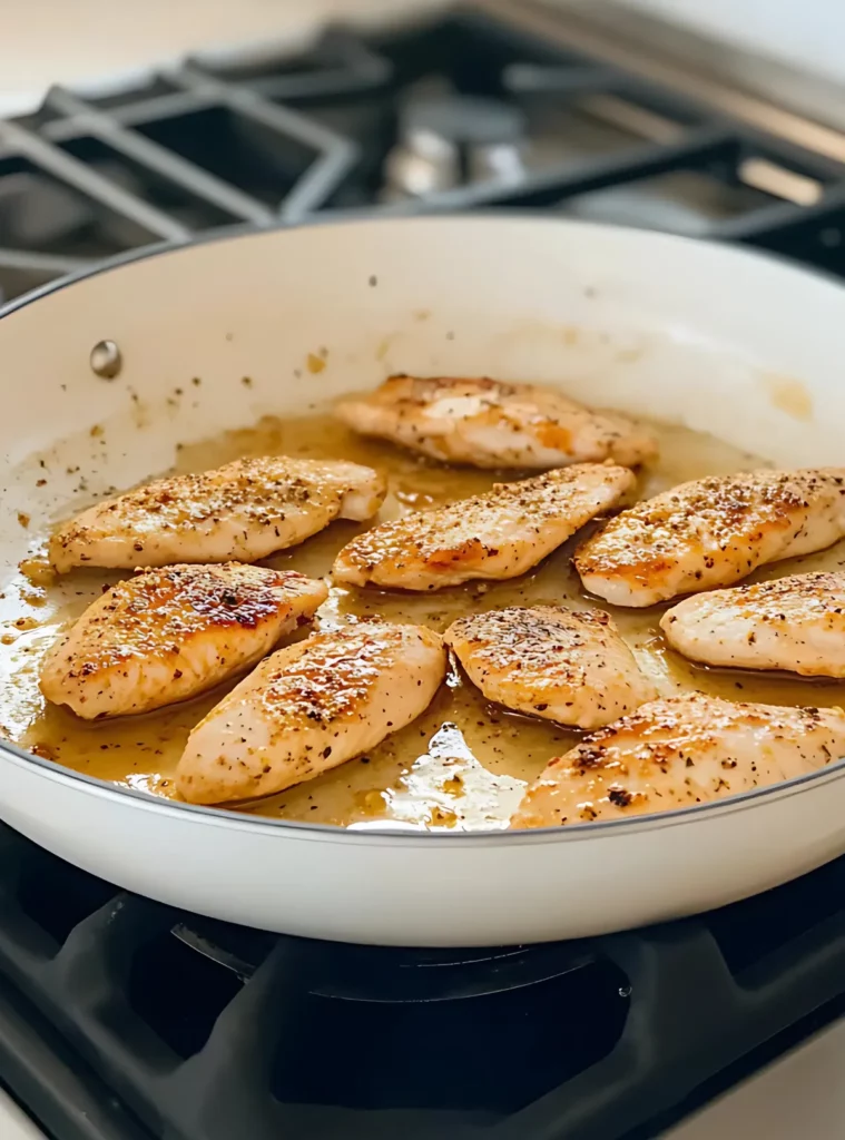Seared chicken tenders in skillet