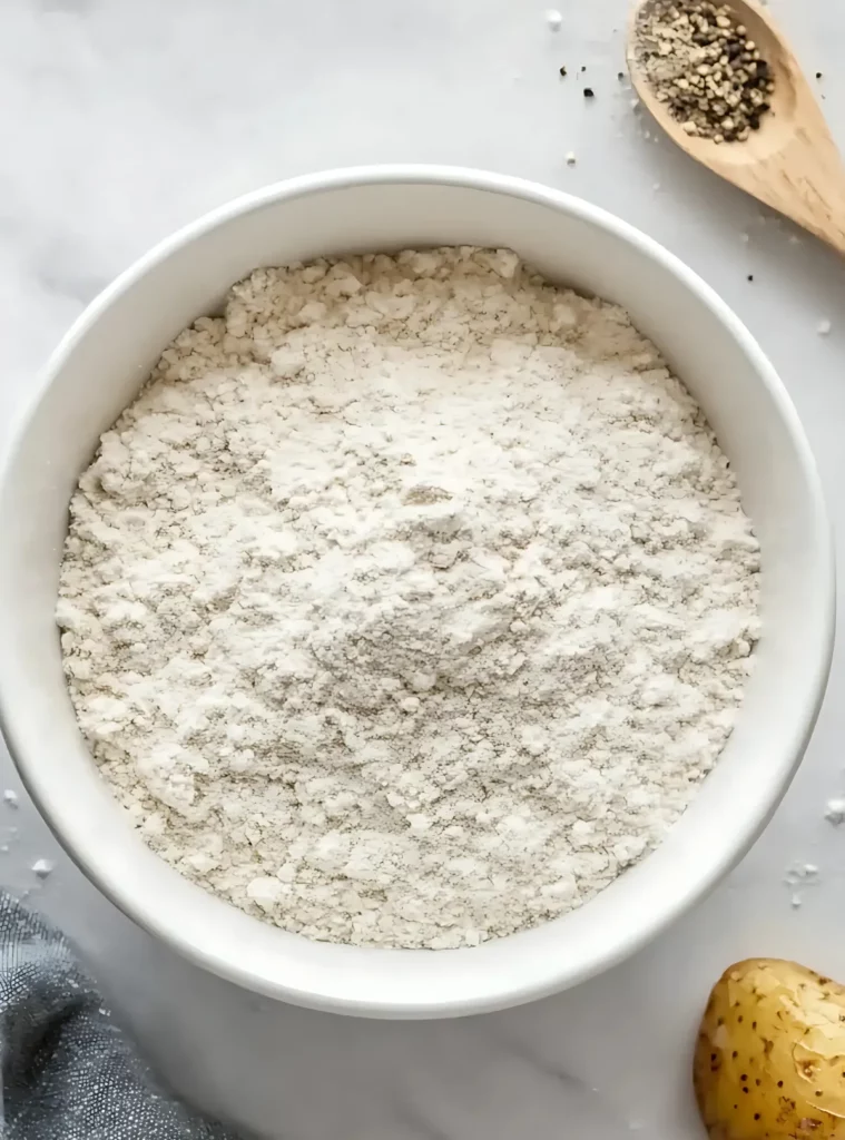 Seasoned flour in a white bowl