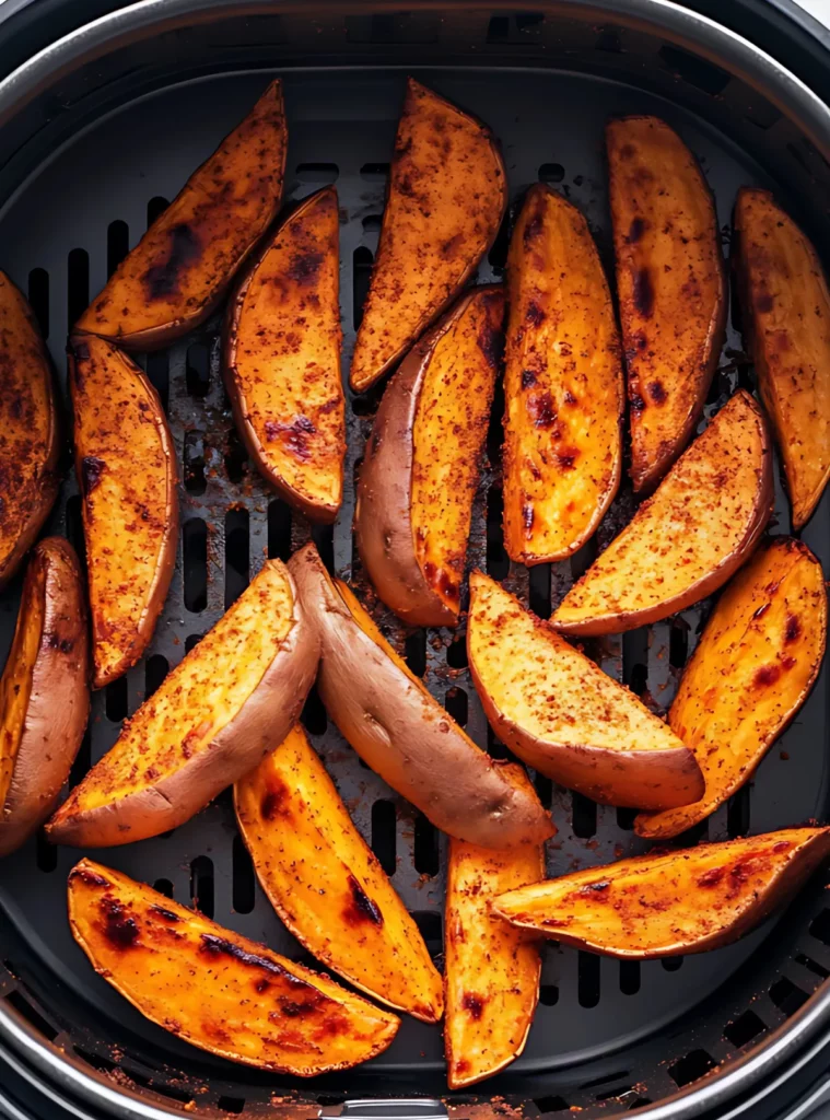 Seasoned sweet potato wedges in an air fryer basket