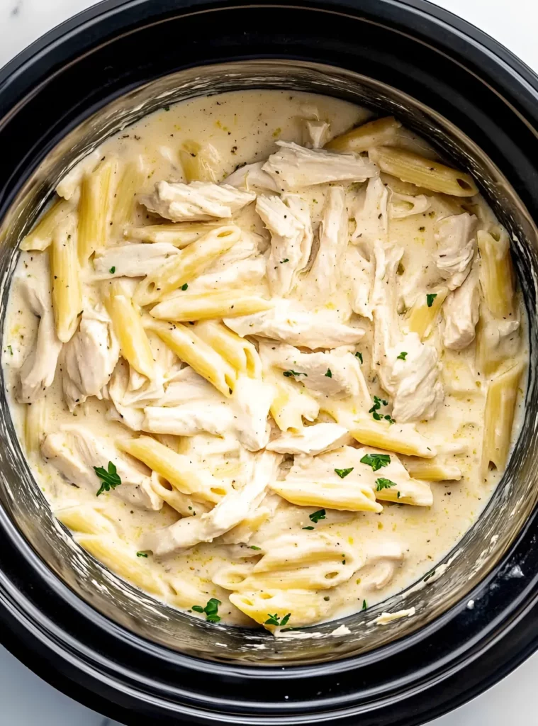 Shredded chicken and pasta in crockpot