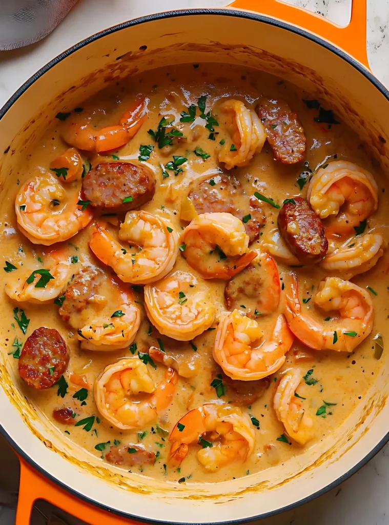 Shrimp and sausage in orange pot