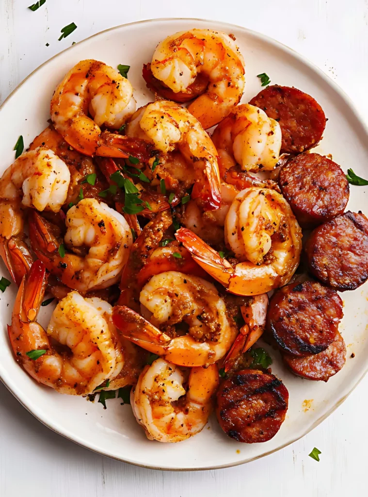 Shrimp and sausage on white plate