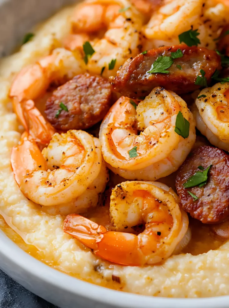 Shrimp and sausage over grits close-up