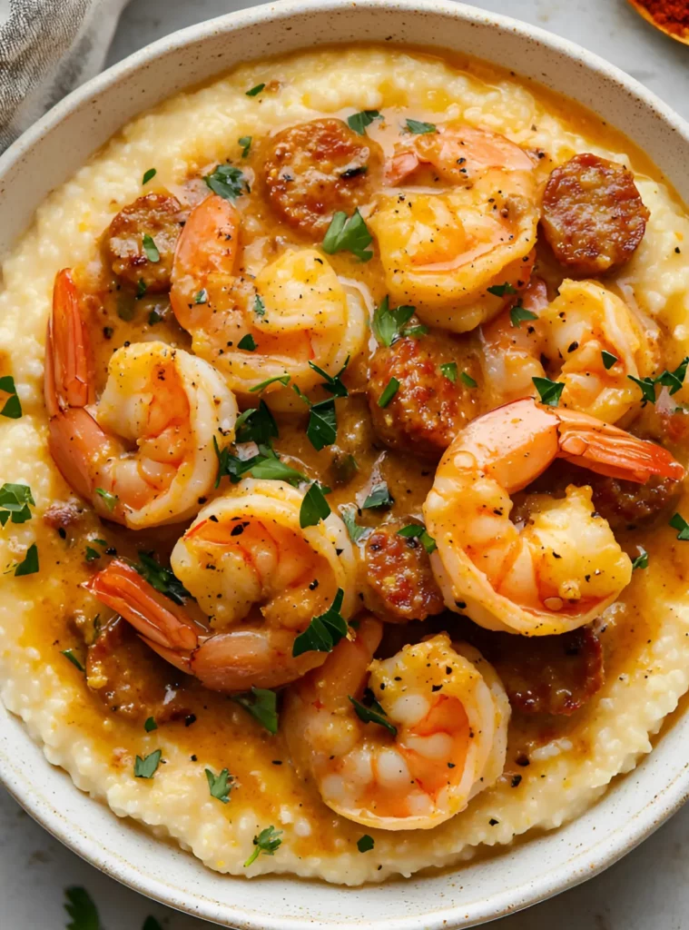 Shrimp and sausage served on grits in a bowl