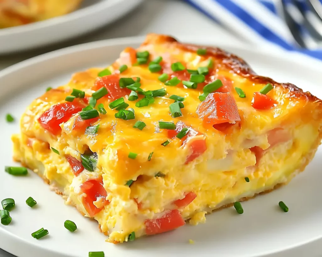 Slice of Denver omelet casserole on a plate garnished with chives
