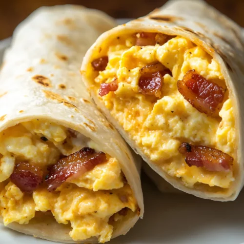 Sliced bacon breakfast burrito on plate with visible egg and cheese filling