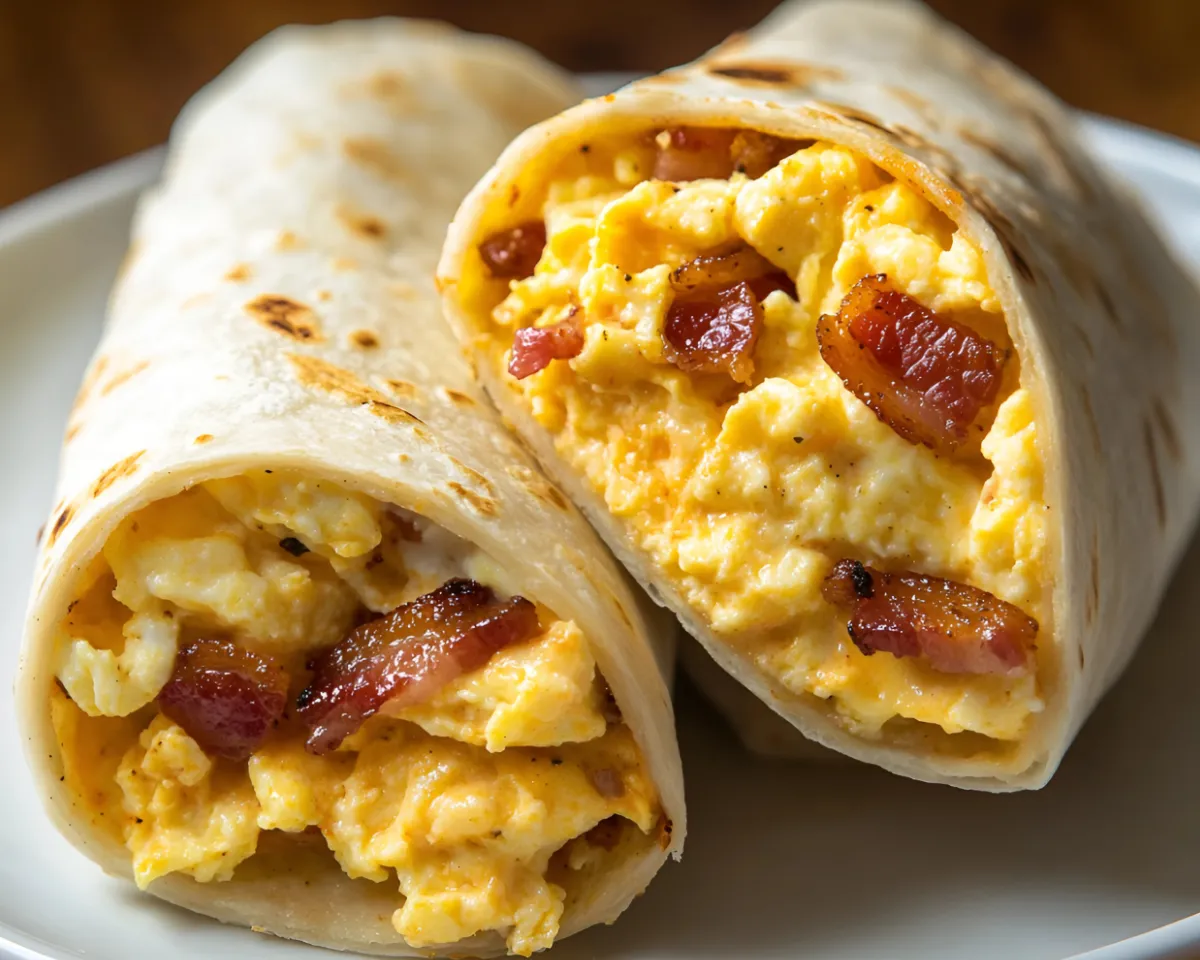 Sliced bacon breakfast burrito on plate with visible egg and cheese filling