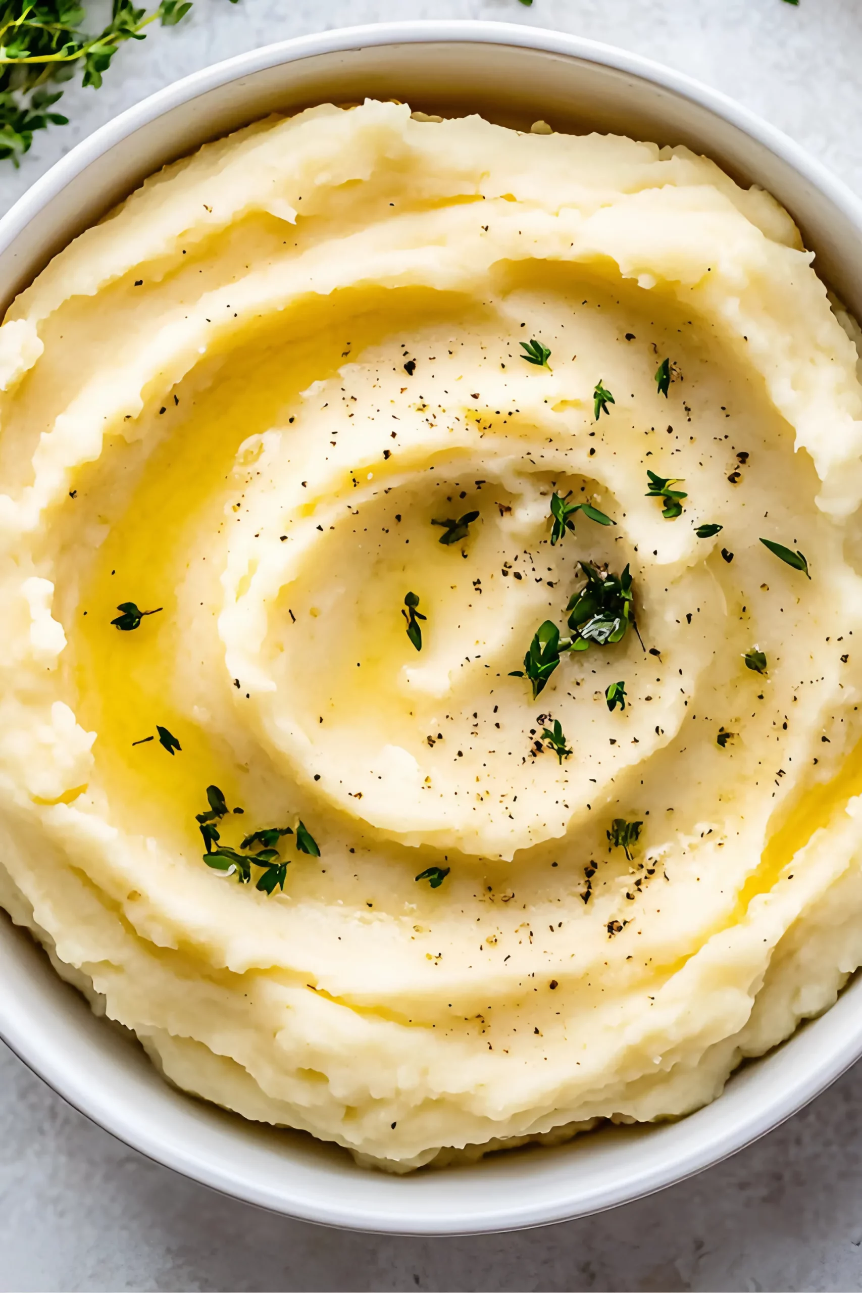 Smooth mashed potatoes with butter and herbs