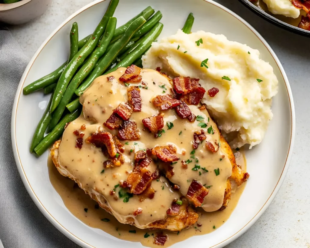 Smothered chicken on plate with mashed potatoes and green beans