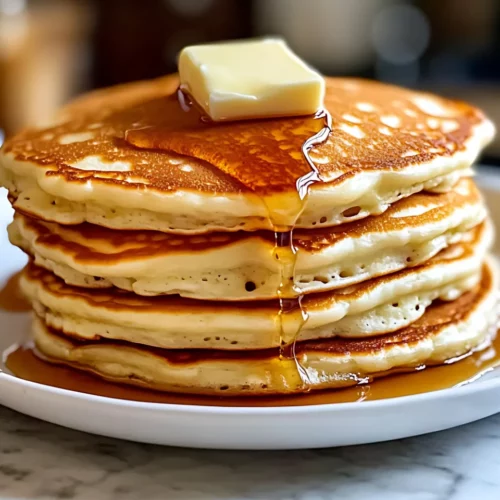 Stack of buttermilk pancakes with butter and syrup