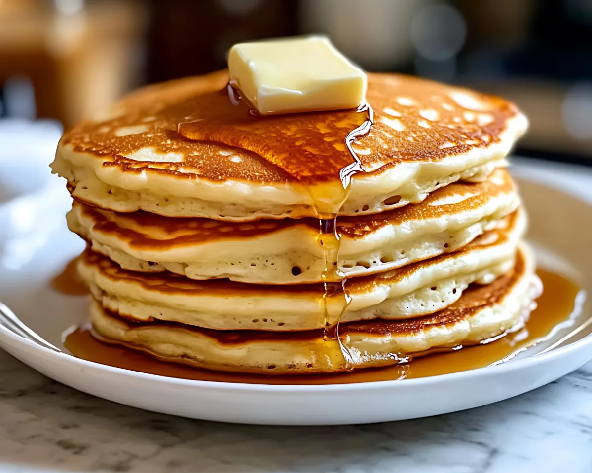 Stack of buttermilk pancakes with butter and syrup