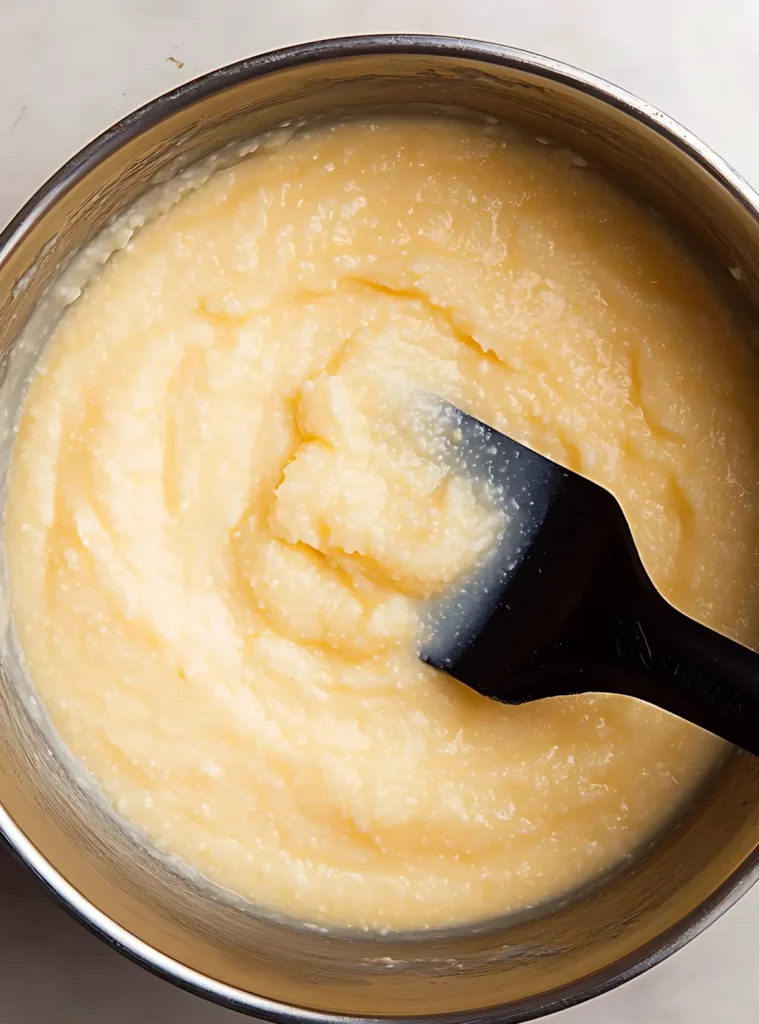 Stirring cheese grits in a saucepan