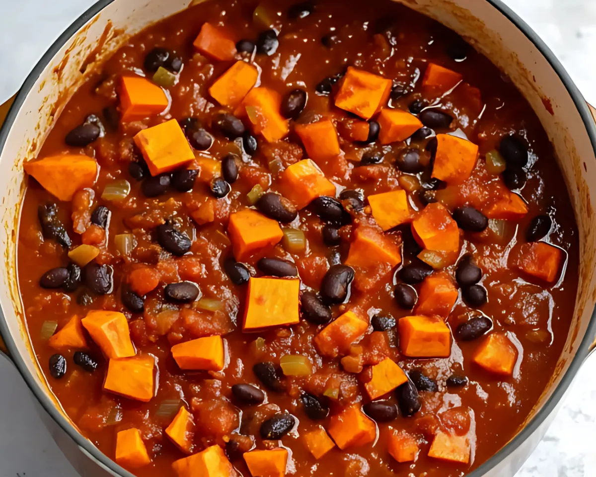 Sweet potato chili cooking in pot