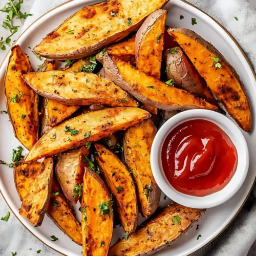 Sweet potato wedges in a white dish with ketchup