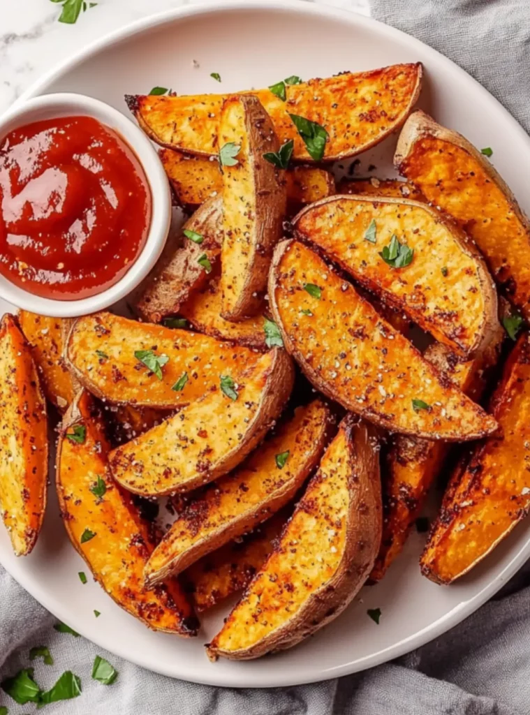 Sweet potato wedges with parsley in a white bowl next to a cup of ketchup
