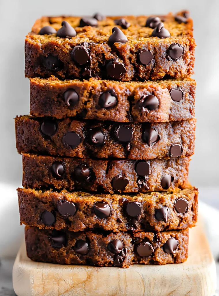 Tall stack of moist pumpkin bread with melted chocolate chips