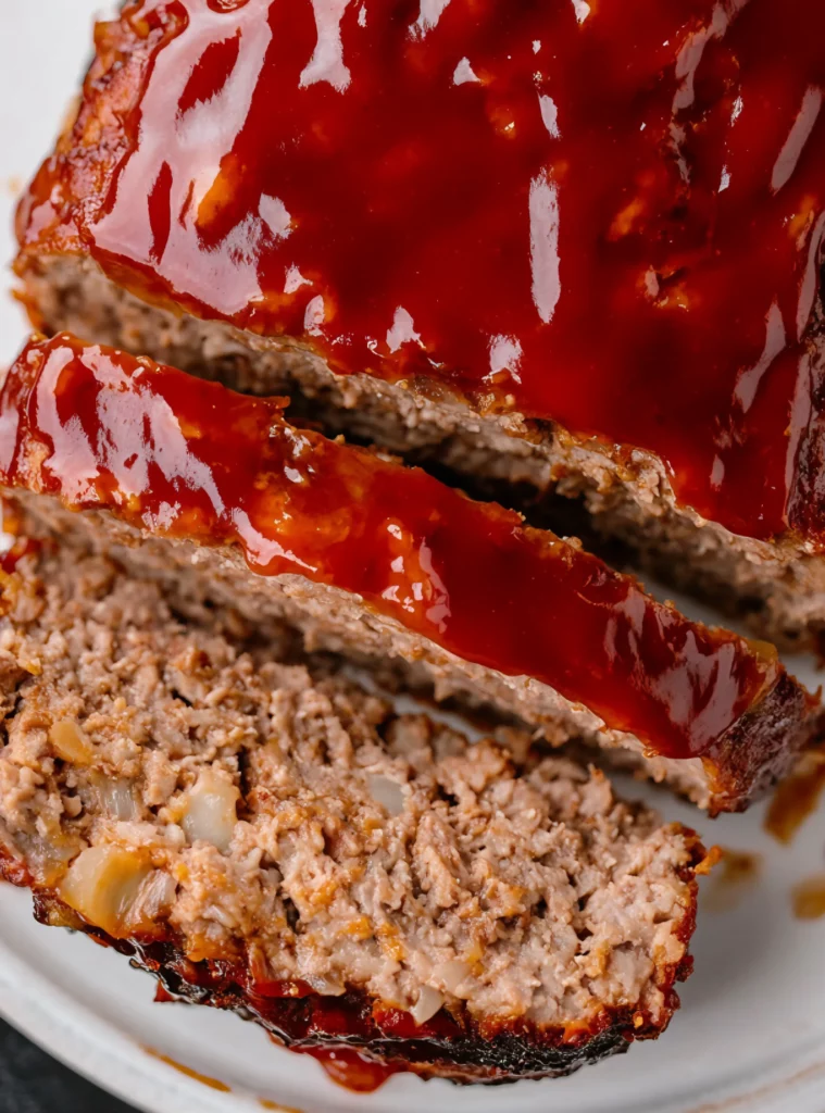 Three slices of meatloaf with glaze on white plate