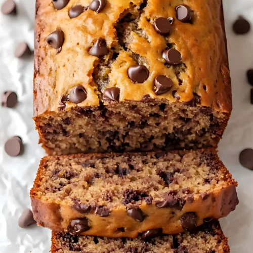 Top view of chocolate chip banana bread on white parchment
