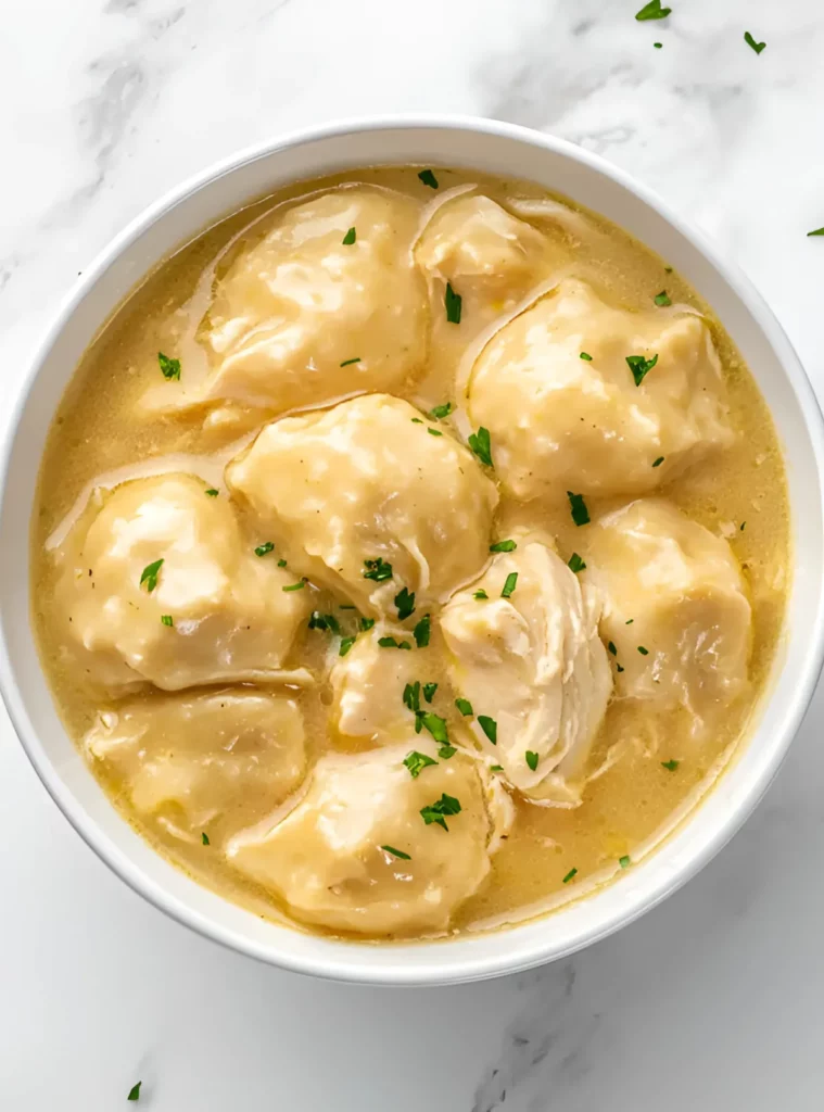 Top view of creamy chicken and dumplings in a white bowl