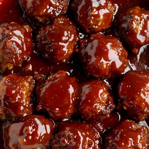 Top view of glossy barbecue meatballs in a rectangular baking dish