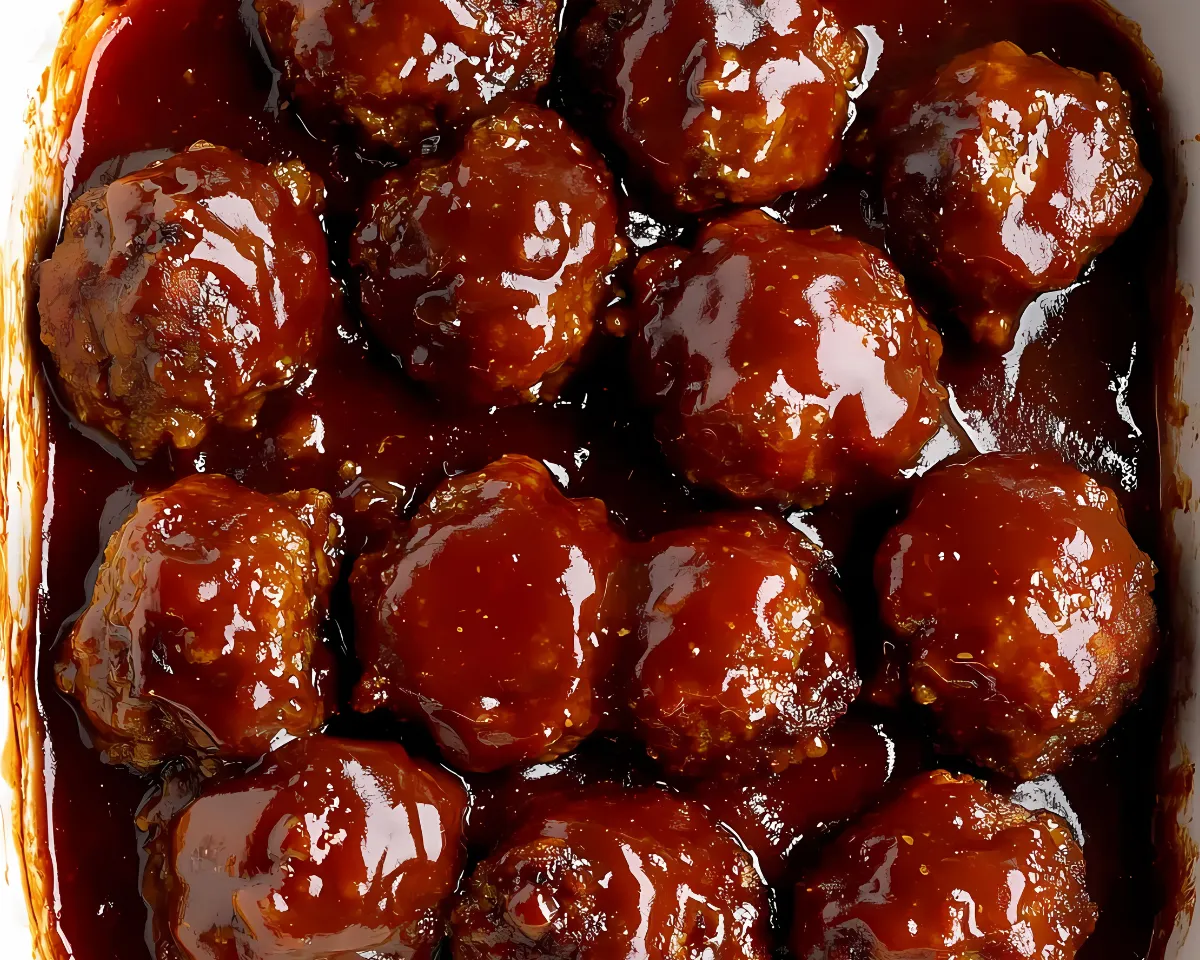 Top view of glossy barbecue meatballs in a rectangular baking dish