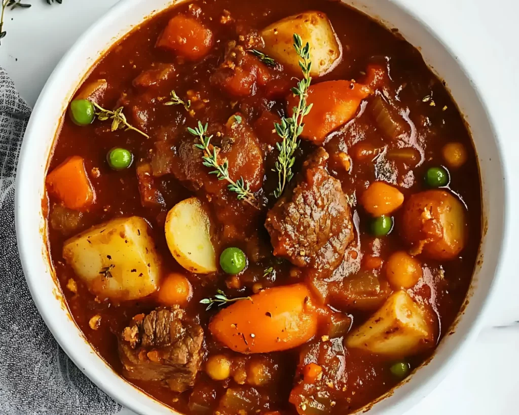 Top view of hearty beef stew with peas carrots and potatoes in a white bowl