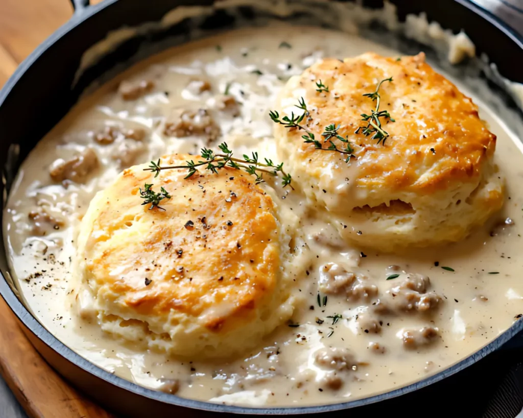 Two buttermilk biscuits in a skillet smothered with creamy sausage gravy
