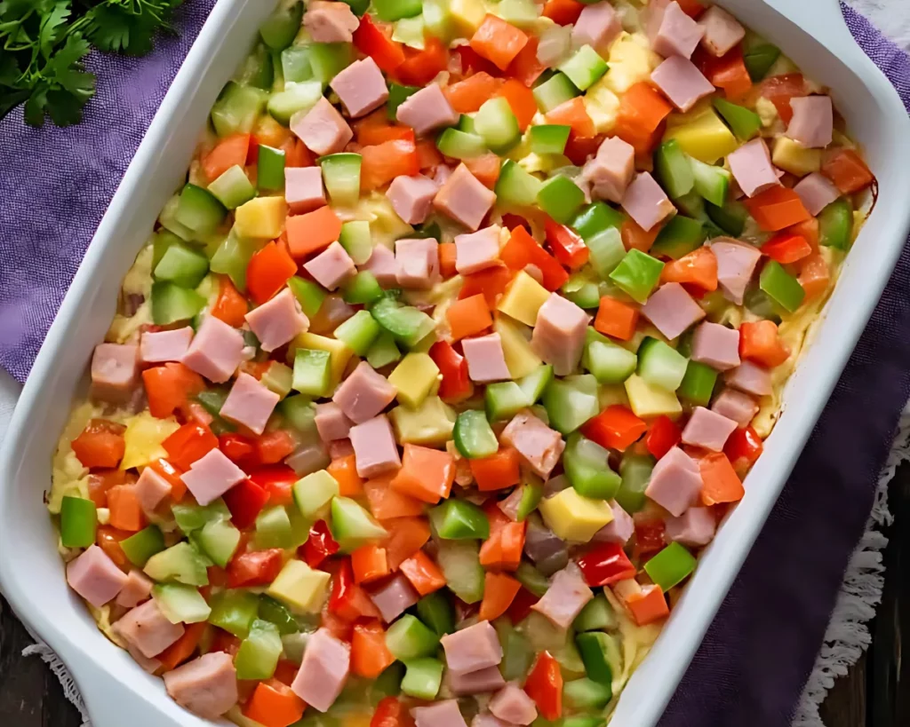Unbaked Denver omelet casserole with layers of crescent roll dough diced ham and bell peppers