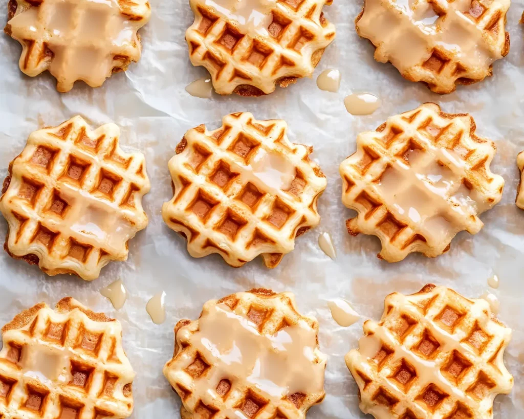 Waffle cookies with maple glaze on parchment