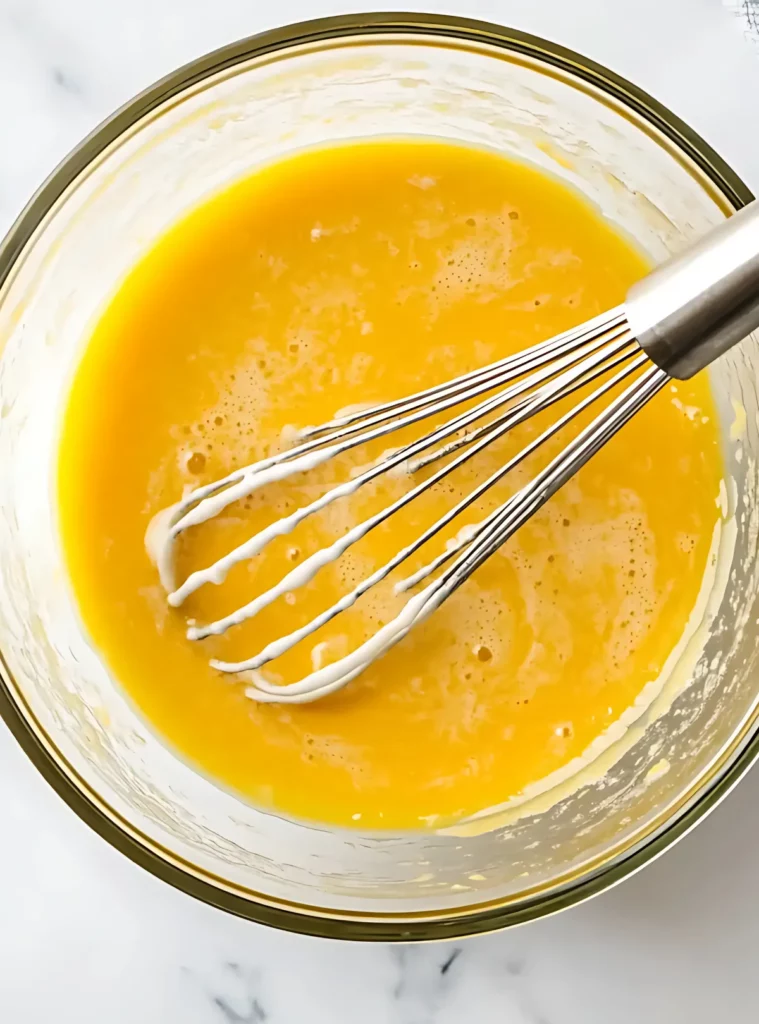 Whisked butter and egg mixture in a glass bowl