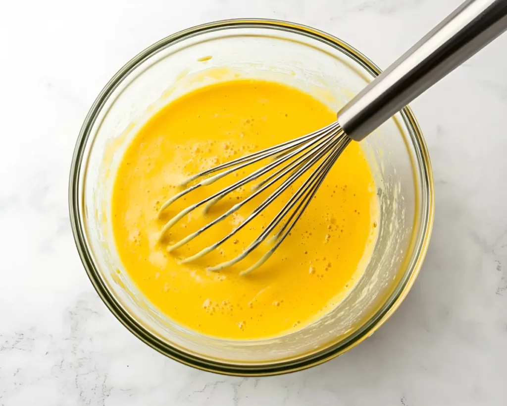 Whisking egg yolks in a glass bowl for hollandaise sauce
