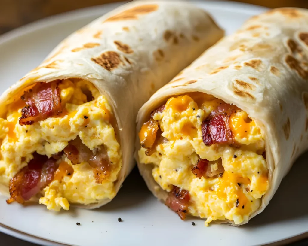 Whole bacon breakfast burrito on plate showing egg and bacon filling