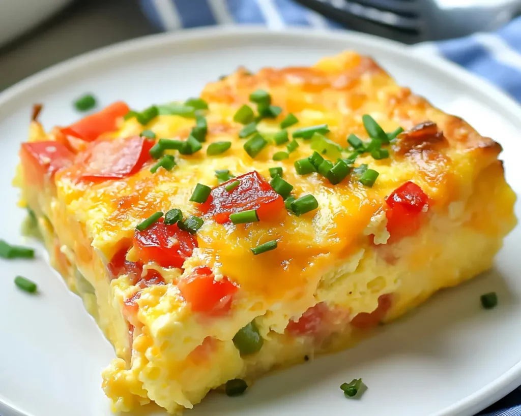 a square Slice of Denver omelet casserole on a plate garnished with chives