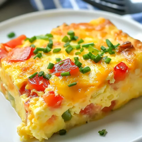 a square Slice of Denver omelet casserole on a plate garnished with chives