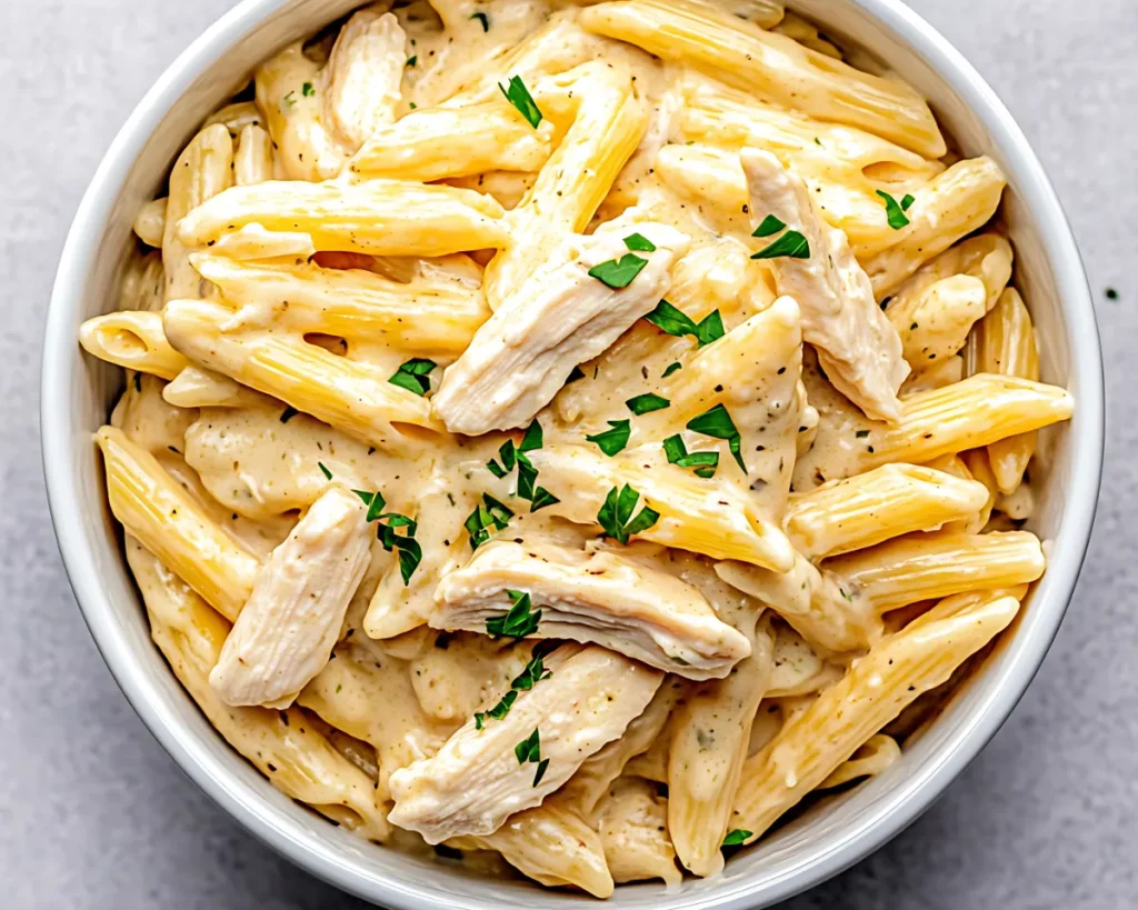 easy Creamy chicken Alfredo pasta in bowl with parsley garnish