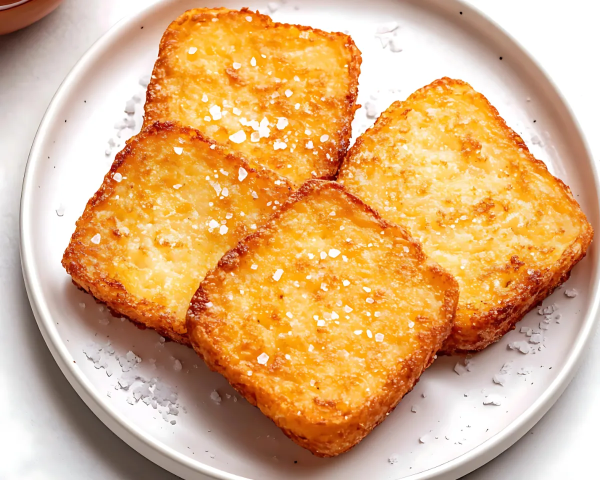 four golden hash browns on white plate sprinkled with salt