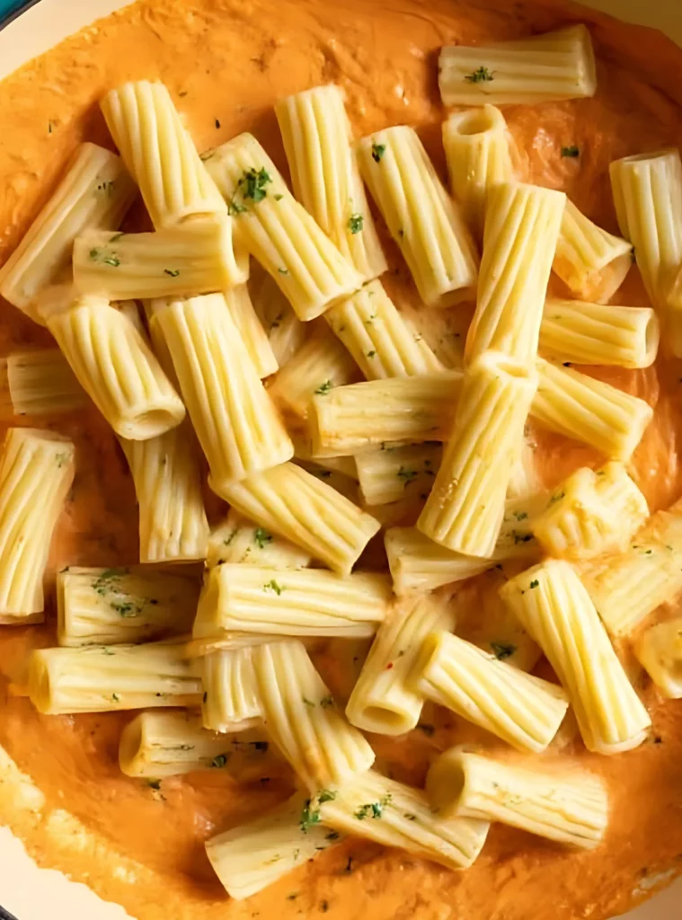 Al dente rigatoni added to creamy orange tomato sauce