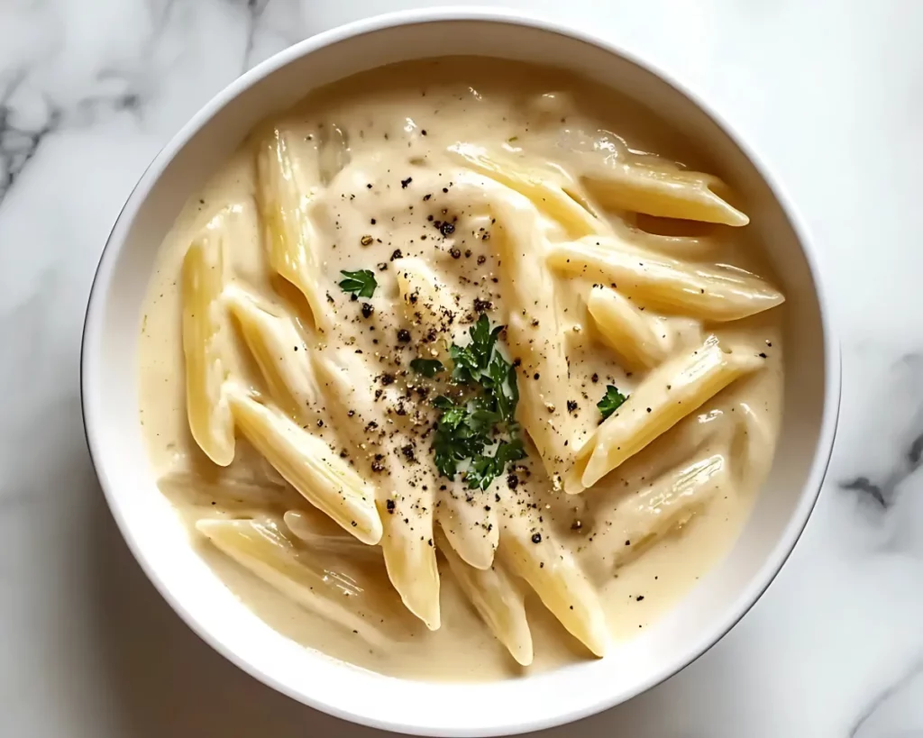 Alfredo penne in white bowl
