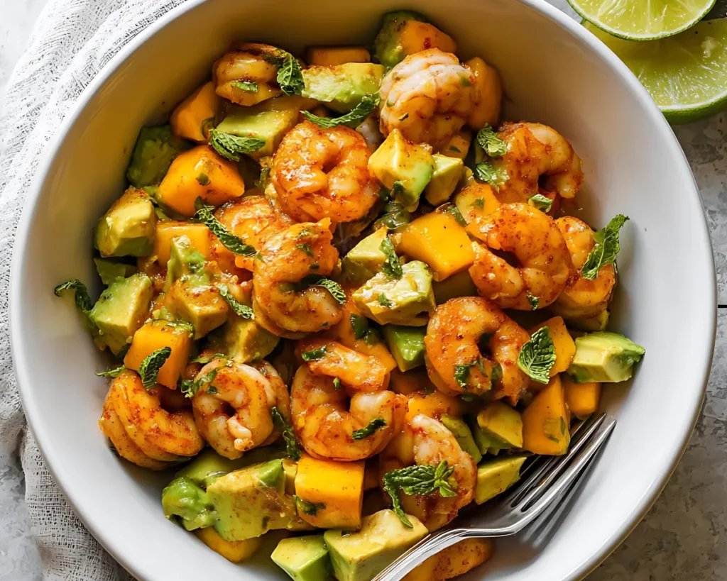 Avocado shrimp mango salad top view with fork