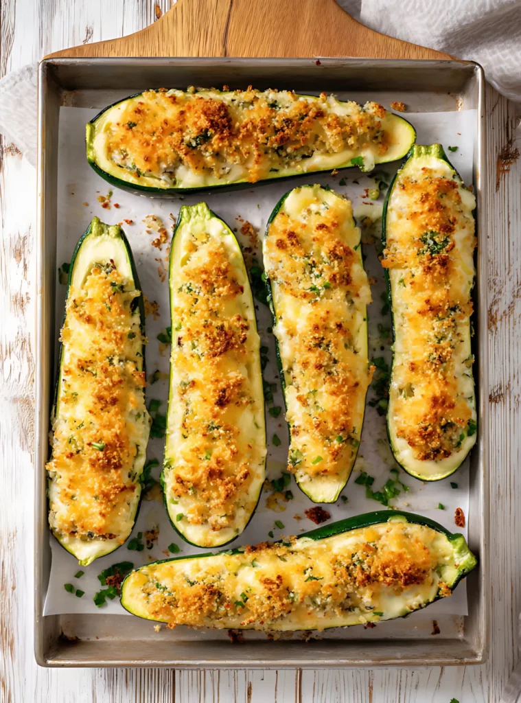 Baked zucchini boats with golden crumb topping