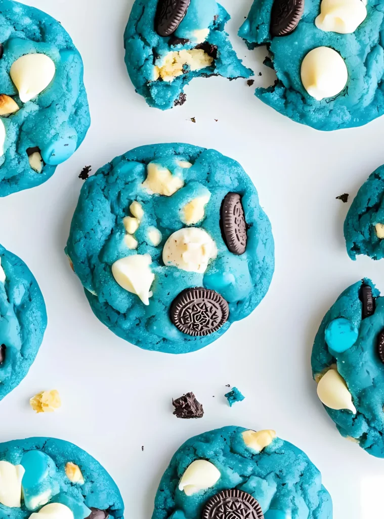 Blue cookies flat lay with a bite