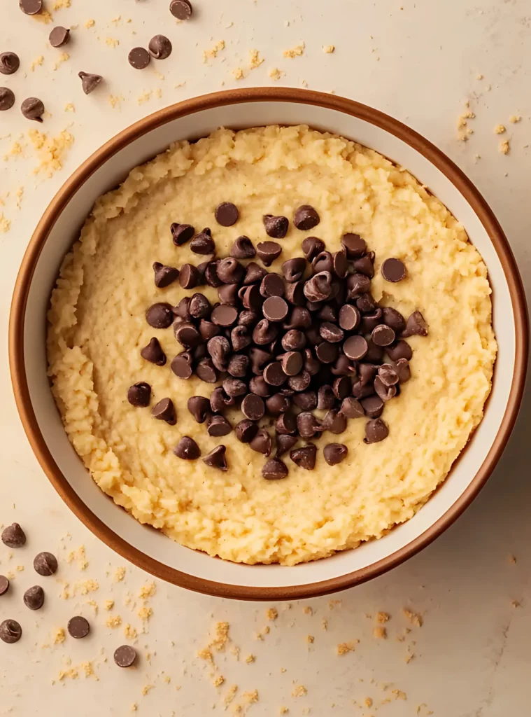 Bowl of dough with pile of chocolate chips