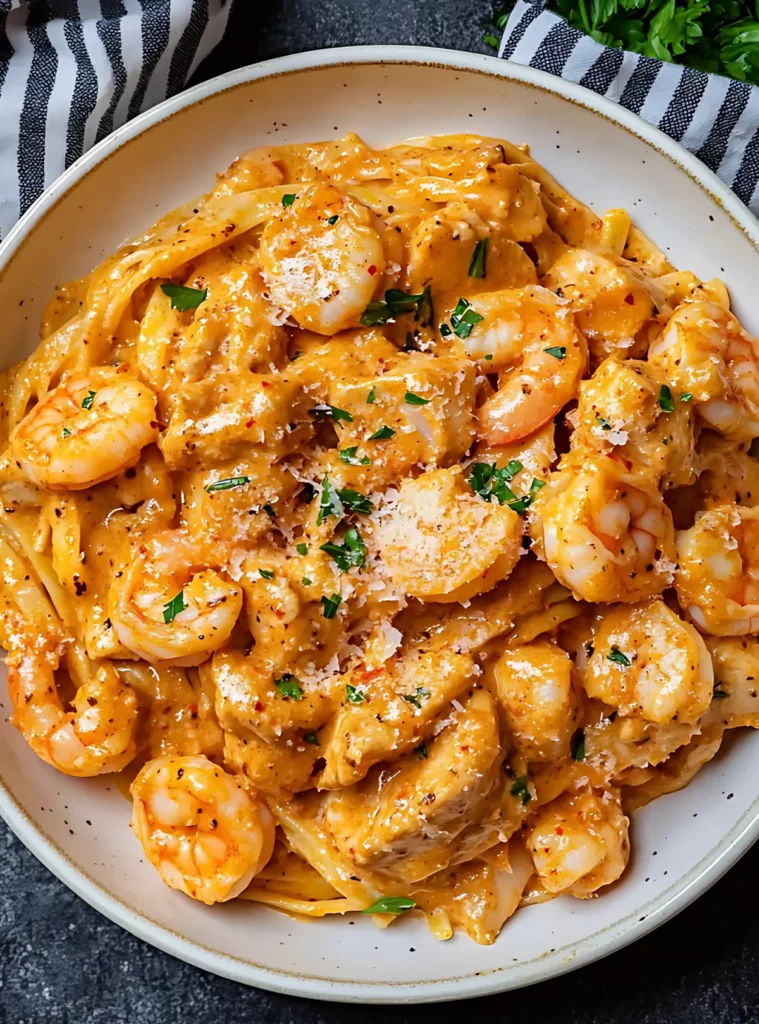 Cajun pasta plated with shrimp and chicken