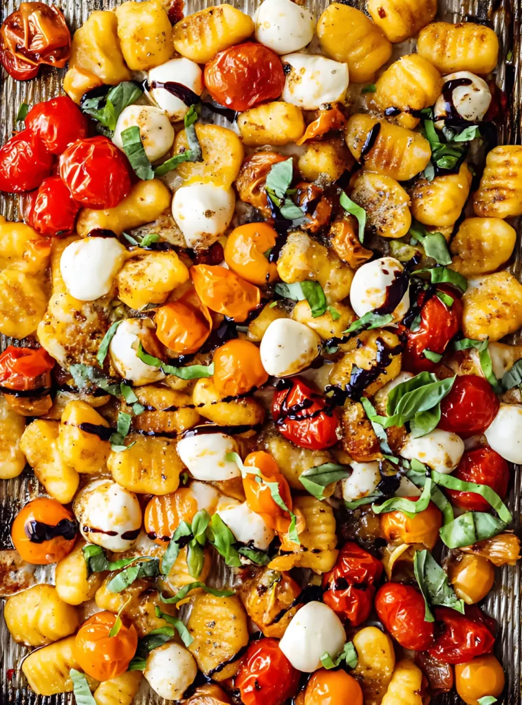Caprese gnocchi with mozzarella and basil on sheet pan