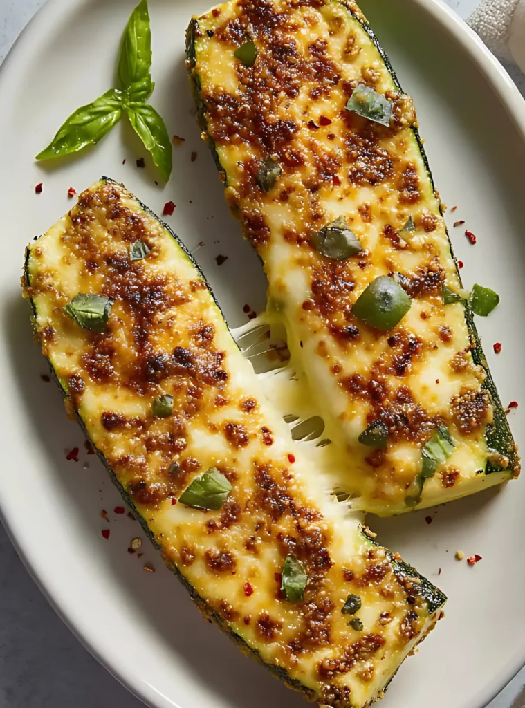 Cheese-pulled zucchini steaks with chili flakes