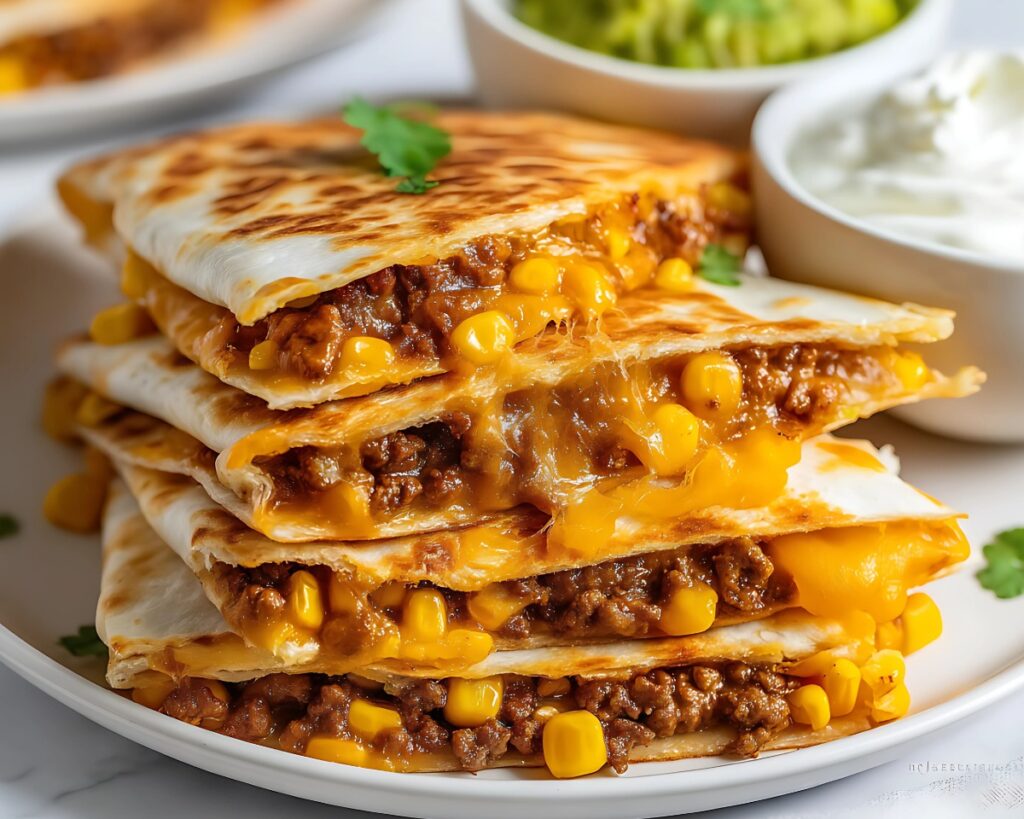 Cheesy beef quesadillas stacked on a plate with sour cream and guacamole