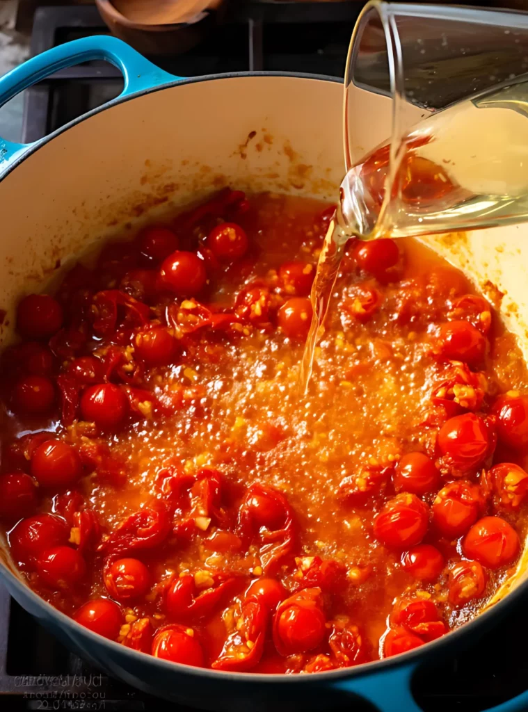 Cherry tomatoes simmering in garlic sauce with white wine being poured
