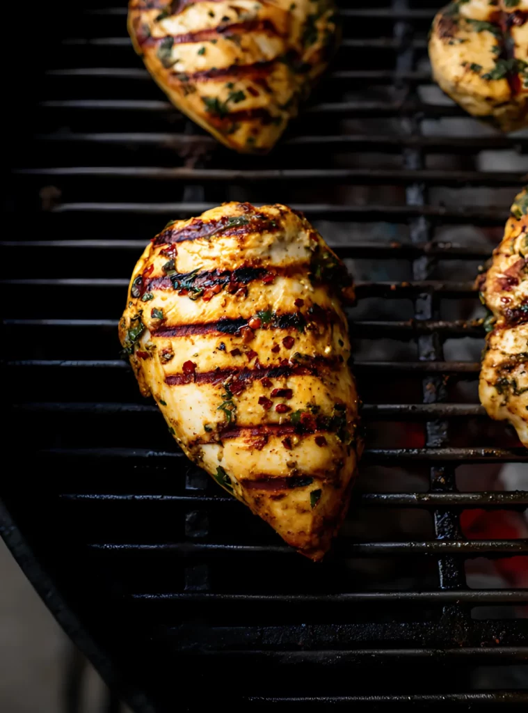 Chicken breast grilling with char marks