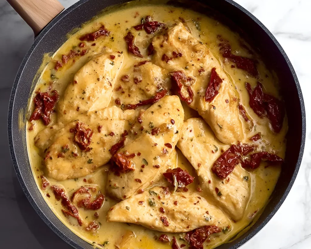Chicken fillets in creamy sauce with sun dried tomatoes recipe
