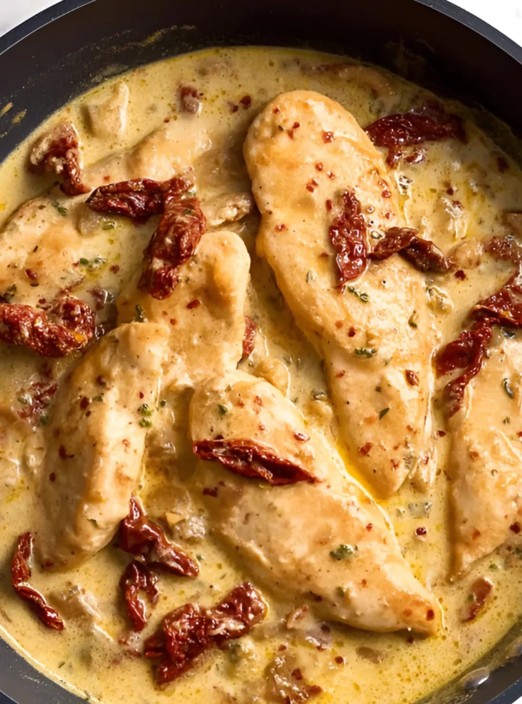 Chicken fillets simmering in thick creamy sauce with sun-dried tomatoes
